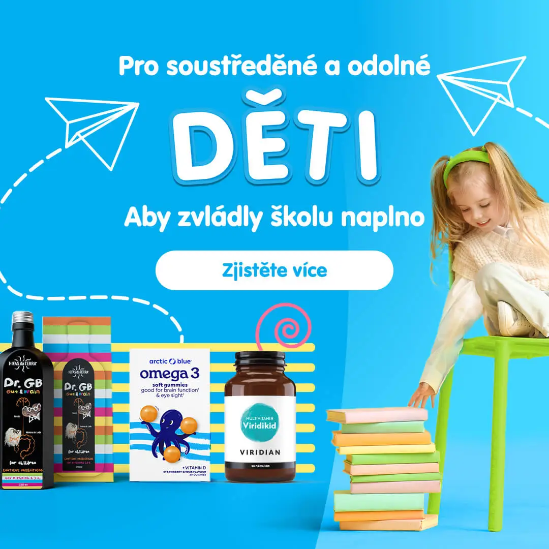 Pro děti, aby zvládly školu naplno – adaptogenní houby pro posílení obranného štítu a soustředění, omega-3 gummies a další doplňky stravy.